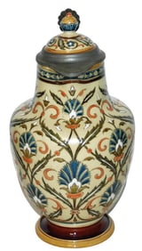2L Mettlach Mosaic Floral Stein w Matched Lid