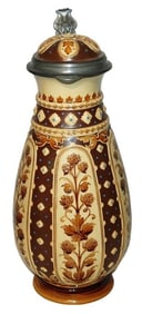 3L Mettlach Mosaic Floral Stein w Domed Lid