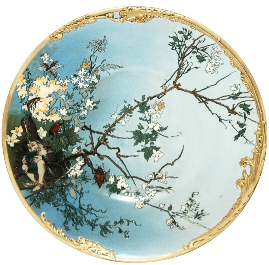 Mettlach Punch Bowl & Underplate Dwarf in a Tree: Mettlach #2088 Etched 16” Punch Bowl Underplate. Dwarf sits in tree. Schlitt. Mint.