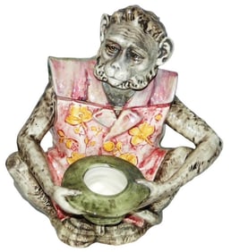 Austrian Majolica Monkey w Hat 8-1/2" Tobacco Jar