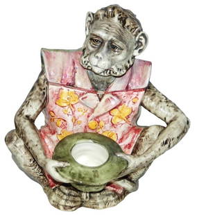Austrian Majolica Monkey w Hat 8-1/2" Tobacco Jar: Austrian Majolica 8 1/2” Tobacco Jar. Sitting monkey holds hat in front of him. Mint.
