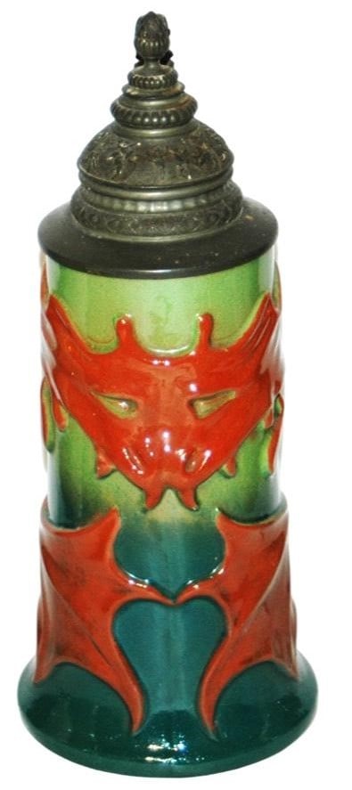 1L Art Nouveau Bat Von Heida Stein w Fancy Lid: Pottery Von Heida Relief 1L. Art Nouveau bat design. Fancy pewter relief lid. Mint.