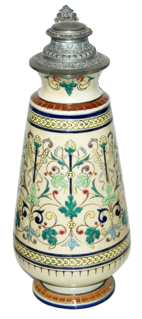 2-1/2L Mettlach Floral Stein w Fancy Pewter Lid: Mettlach #1102 Etched 2 1/2L. Intricate floral design. Fancy relief pewter lid. Mint.