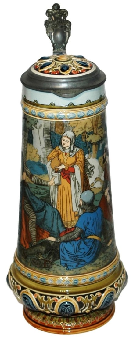 1-1/2L Mettlach Women w Helping Knights Stein: Mettlach #2481 Etched 1 1/2L. Woman helping wounded knights. Inlay lid. Mint.