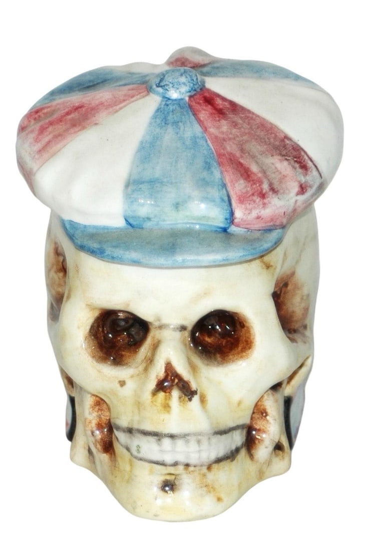 Skull on a Book Majolica Character Tobacco Jar (1 of 2)