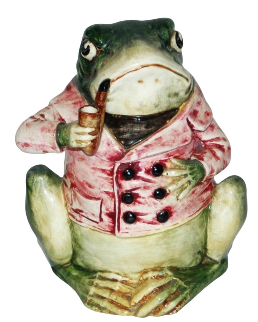 Dressed Frog w Pipe Majolica Character Tobacco Jar (1 of 3)