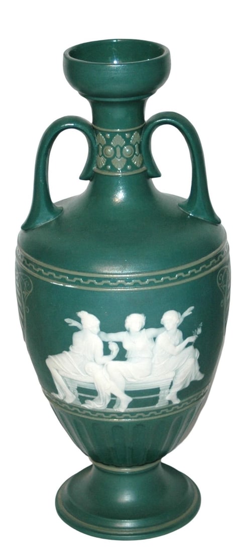 Mettlach 15" Vase Women Panels & Two Handles: Mettlach #7038 Cameo 15” Vase. Two panels of women. Two handles. Mint.