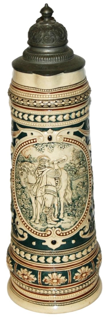 3L Trumpeter Horse & Floral Designs Stein: Pottery #129 Relief 3L. Trumpeter stands beside his horse, Floral designs on sides. Mint.