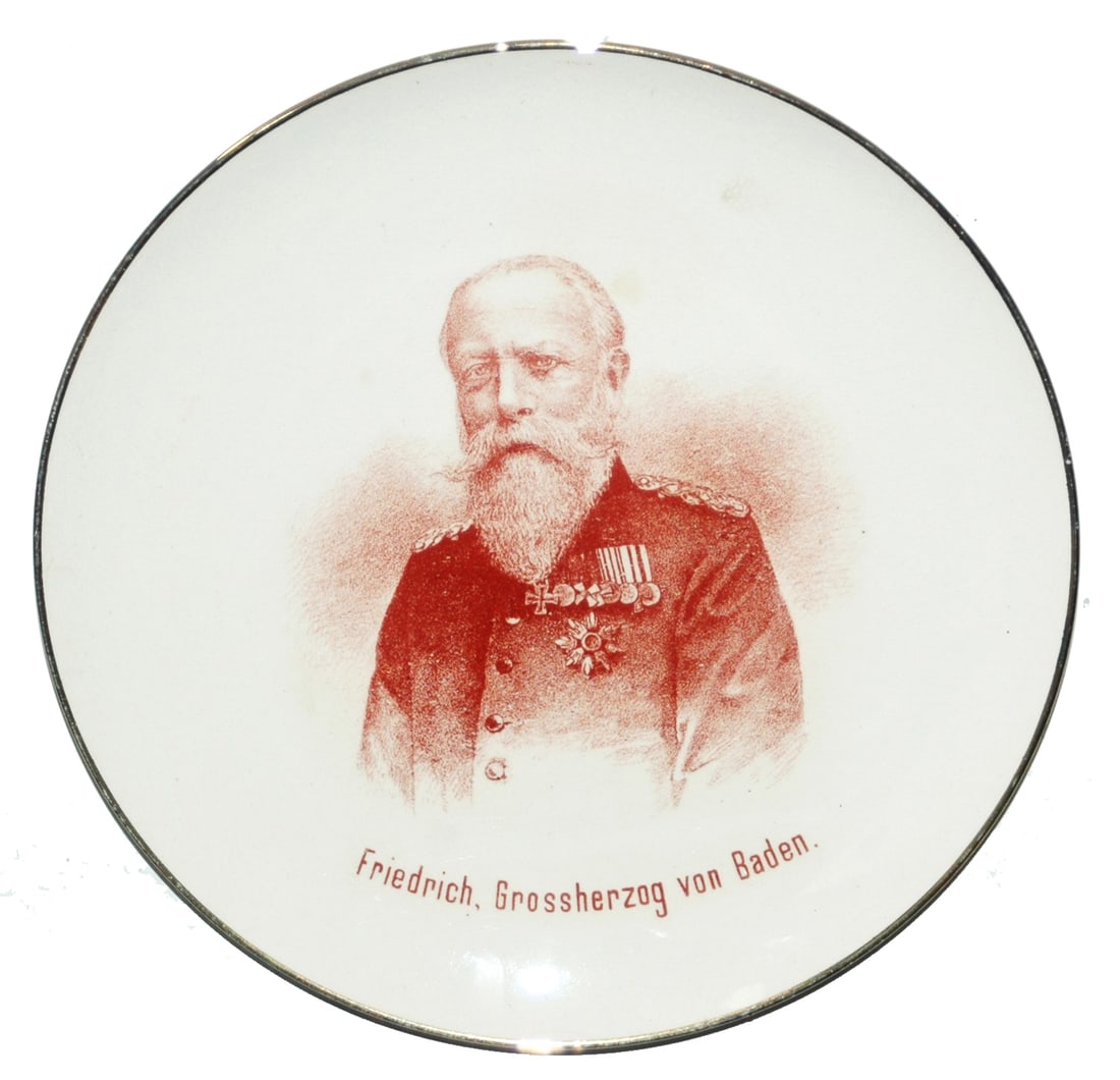 Mettlach Plaque Fredrich Grand Duke of Baden: Mettlach #1044 PUG 8 1/2” Plaque. Friedrich Grossherzog von Baden. Grand Duke of Baden. In Sepia coloring. Mint.