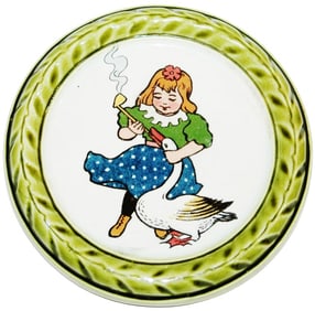 Mettlach Coaster of Girl with Pipe & Goose