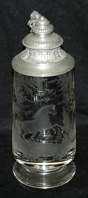 Wheel-cut Leaping Horse Glass Stein w Fancy Lid