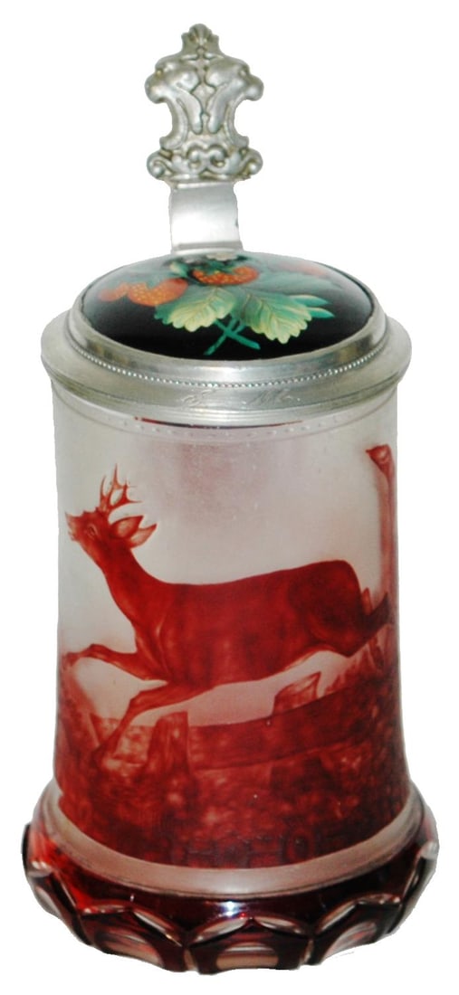c.1860 Overlay Glass Cameo Cut Leaping Stag Stein (1 of 4)
