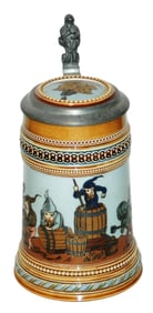 Mettlach Dwarfs Make Wine Barrels Etched Stein