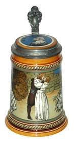 Mettlach Kissing Couple Etched Stein w Inlay Lid