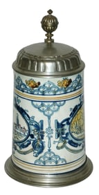 1L Mettlach Faience Sailing Ship Scenes Stein