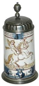 1L Mettlach Faience Stein Cupid w Arrow on a Horse