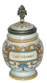 Mettlach Mosaic Floral & Verse Stein w Inlay Lid
