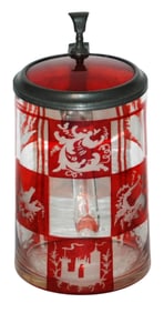 Castle Birds & Floral c.1860 Glass Stein & Inlay