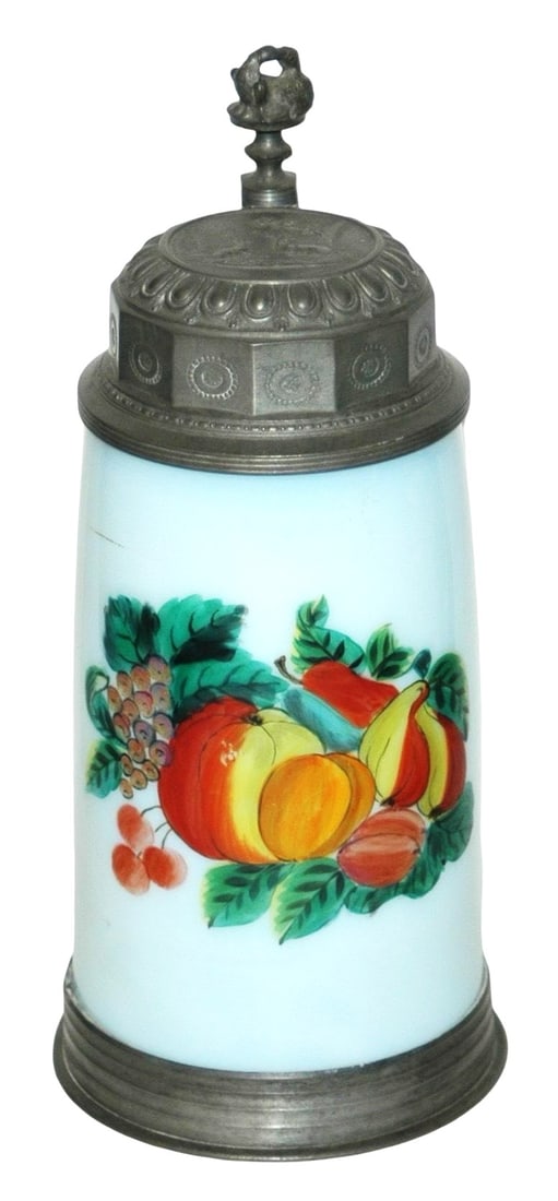 1L Floral Enamel Milk Glass Stag Lid c.1840: Blown Milk Glass 1L. Enameled floral design. Relief stags on pewter lid. Circa 1840.