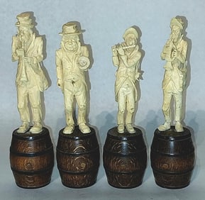Group of 4 Carved Horn Musician figures on Wood Bases