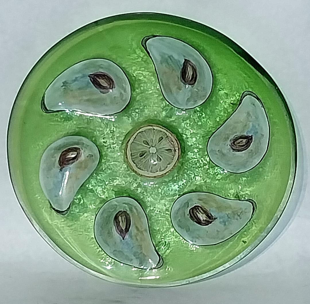 Blown Glass 9 1/4" Oyster Plate: Blown Glass 9 1/4" Oyster plate with enameled decoration of oysters and lemon slice in the center. Gold hand painted numbers on underside.