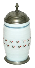 1820 Milk GlassENamel Floral Barrell Shape Stein