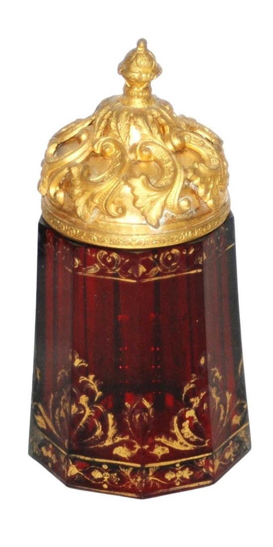 Ruby Glass Stein w Fancy Gilded Brass Lid (1 of 3)