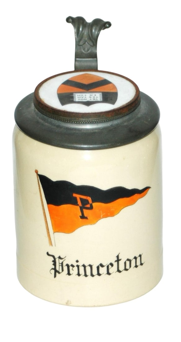 Princeston University c.1900 Stein w Inlay Lid: Pottery POG 1/2L. Princeton flag. Circa 1900. Ohara Dial lid of school shield. Mint.