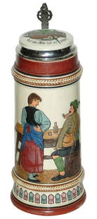1L Germsheid Etched Table Scene Stein: Pottery Germsheid #1261 Etched 1L. Table scene. Pottery lid. Mint.