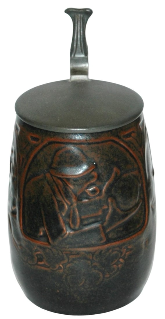 Scharvogel Art Nouveau Man Drinking Stein: Pottery Scharvogel Relief 1/2L. Art Nouveau man drinking. Mint.