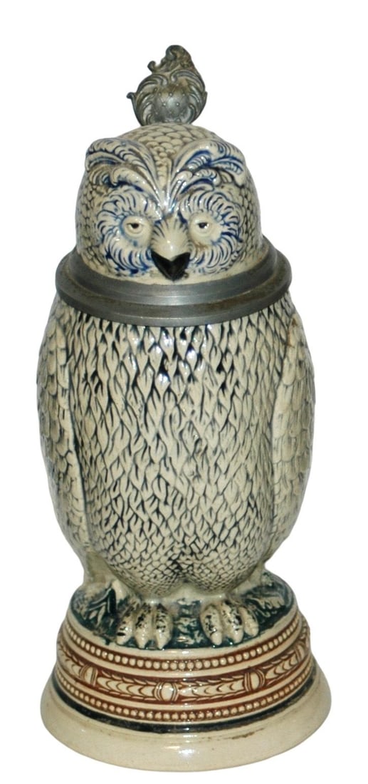 Standing Owl on Pedestal Base Character Stein: Character Stein 1/2L Pottery #147. Standing owl perched on pedestal base. Mint.