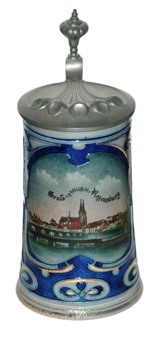Regensburg Scene Art Nouveau Body & Lid Stein: Stoneware POG 1/2L. City scene of Regensburg. Art Nouveau style body and lid. Mint.