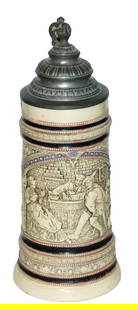 Diesinger Tavern Scene Stein w Fancy Lid: Pottery Diesinger #126 Relief 1/2L. Tavern scene. Fancy pewter lid. Mint.