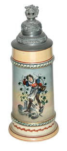 Diesinger Serving Girl Stein w Fancy Lid: Pottery Diesinger POG 1/2L. Serving girl with stein and verse. Fancy pewter lid. Mint.