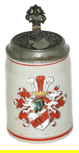 Dueling Fraternal Shield Stein w Shield Lid: Stoneware Merkelbach & Wick POG 1/2L. Dueling fraternal shield. Relief pewter shield lid. Mint.