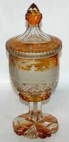 1890 Wheel-cut Stags 11-1/2" Amber Pokal w Lid