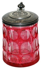 Overlay Faceted Body Glass Stein w Silver Lid