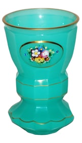 Aqua Opaline Glass Faceted Beaker w Enamel Floral