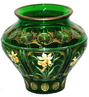 Harrach 5" Enamel Floral Overlay Glass Vase: Blown Overlay Glass 5 1/2&#8221; Vase. Harrach. Green over clear. Six enameled floral panels. Mint.