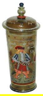 Enameled Glass Pokal Dated 1652 w Matched Lid: Blown Green Glass 9 1/2” Pokal. Enameled royal figures dated 1652. Matching lid. Mint.