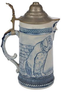 RARE Custom Order 2L Whites Utica Dog Stein: Stoneware Whites Utica #1032/5 Hand Scratched 2L. Custom special order stein decorated with a dog on each side. Bearded face spout. Small opal-like inlay lid. Rare. Mint.