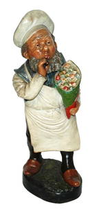 Terracotta JM 12-1/2" Chef Dwarf w Candies Figure: Terracotta Jon Maresch #484 12 1/2” Figure. Bearded dwarf holds package of candies while he samples one. Very good condition.