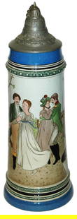 2L Etched Dancing Couples & Musician Stein: Pottery #372 Etched 2L. Outdoor scene of couples dancing to violin player. Mint.