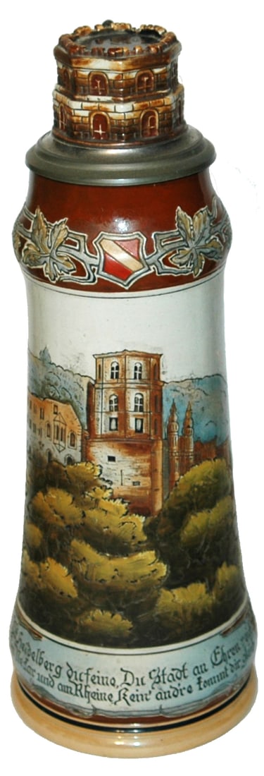 2L Heidelberg Castle Stein w Figural Turret Inlay (1 of 5)