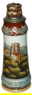 2L Heidelberg Castle Stein w Figural Turret Inlay: Pottery Germsheid #814 Etched 2L. Scene of Heidelberg castle. Figural turret inlay lid. Mint.