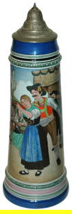 4L Etched Stein Man Guides Woman in Shooting Contt: Pottery #390 Etched 4L. Alpine Man guides woman in shooting contest. Mint.