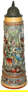 5L Diesinger Relief Celebrating Dwarfs Stein: Pottery Diesinger #813 Relief 5L. Two dwarfs, one plays flute and the other holds foaming steins.