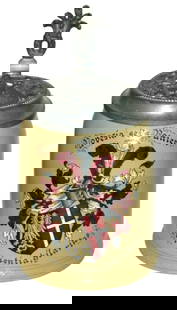 Mettlach Dueling Fraternal Shield Stein & Lid: Mettlach #1526 POG 1/2L. Dueling fraternal shield. “Novesia sei’s Panier!” Relief shield lid. Mint.