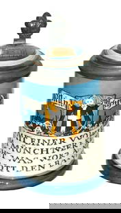 Mettlach Munich Child & City Scene Stein w Inlay: Mettlach #2002 Etched 1/2L. Munich Child and city scene with verse. Inlay lid. Mint.