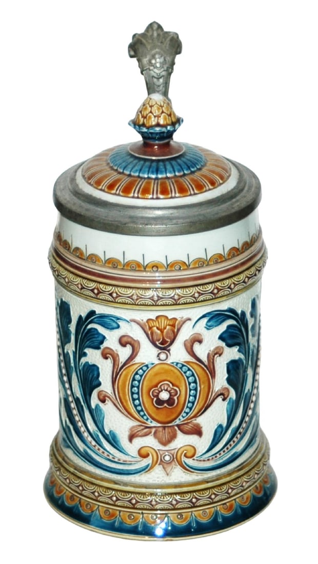 Mettlach Mosaic Floral Design Stein w Inlay Lid: Mettlach #1539 Mosaic 1/2L. Floral design. Inlay lid. Mint.